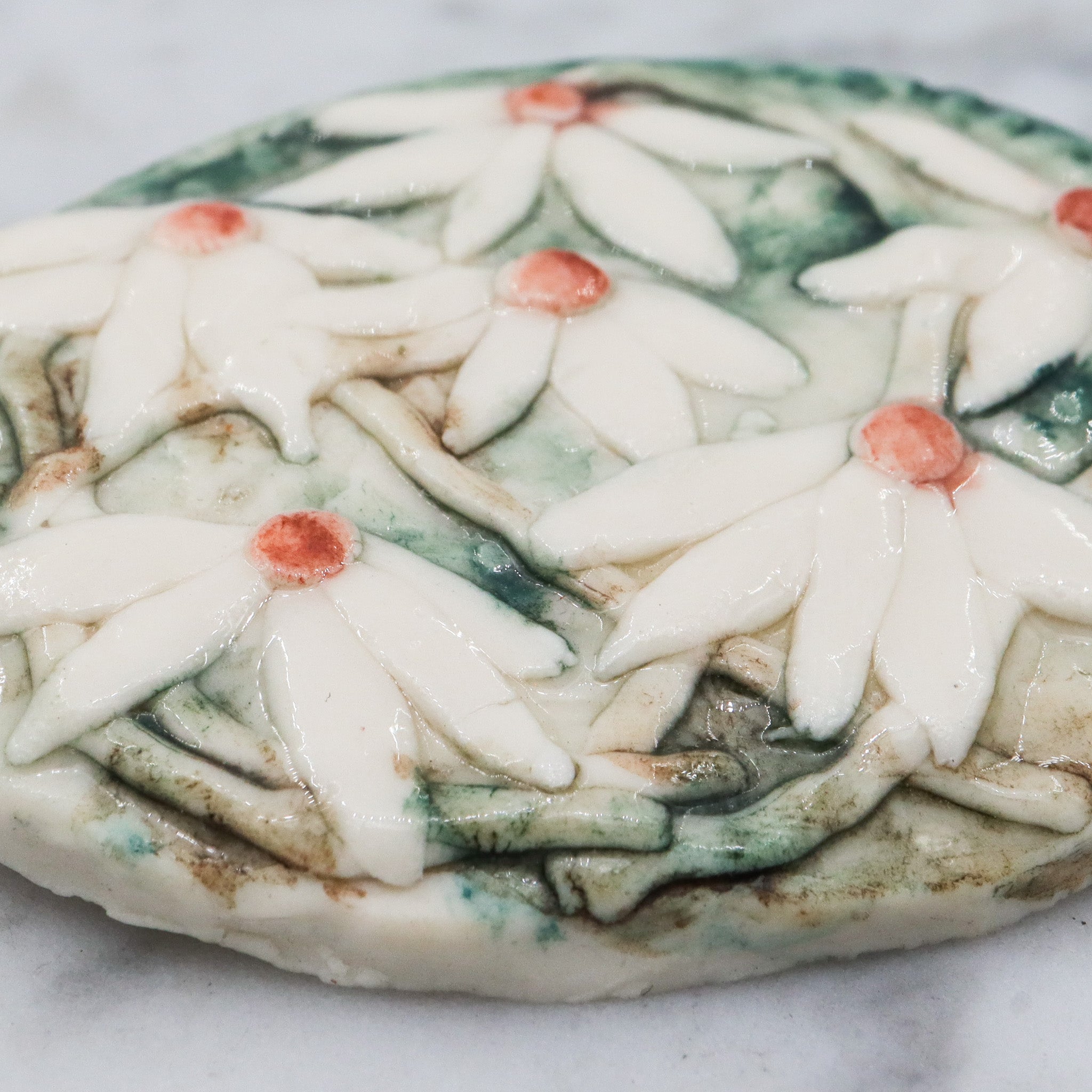 Vintage handmade porcelain white flower plaque brooch